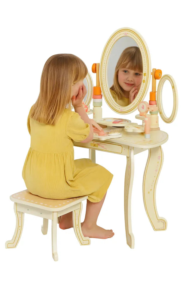 Little Angel Kids Wooden Princess Dressing Table With 3 Mirror and Stool Beige 7Pcs Little Angel Yallatoys