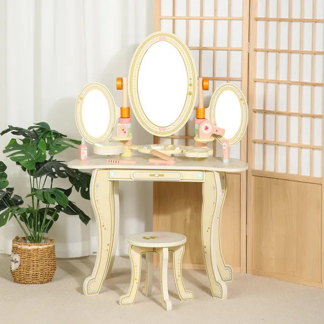 Little Angel Kids Wooden Princess Dressing Table With 3 Mirror and Stool Beige 7Pcs Little Angel Yallatoys