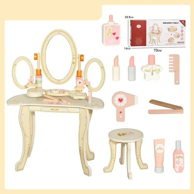 Little Angel Kids Wooden Princess Dressing Table With 3 Mirror and Stool Beige 7Pcs Little Angel Yallatoys