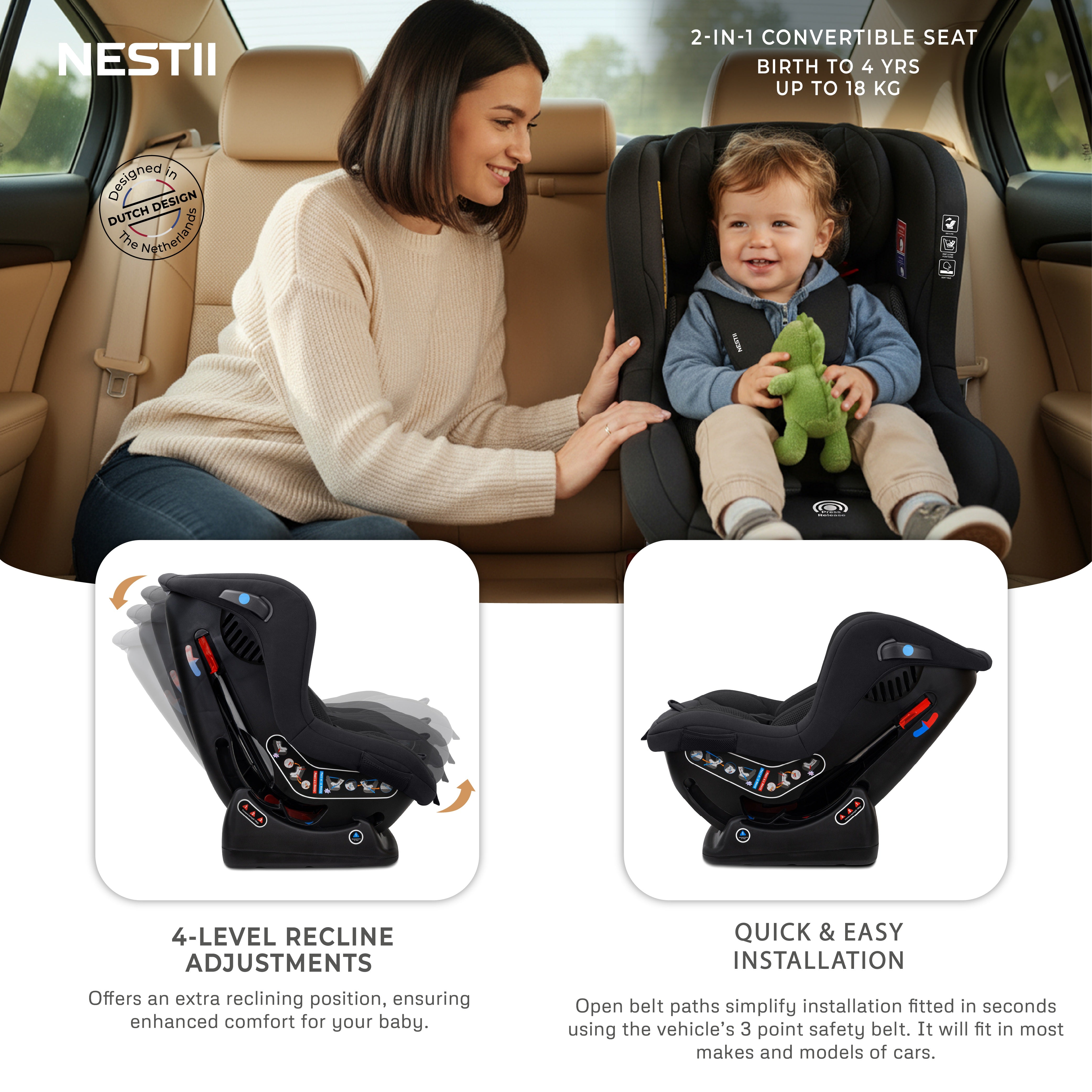 Neobreez Nestii 2 In 1 Convertible Baby Infant Car Seat Black