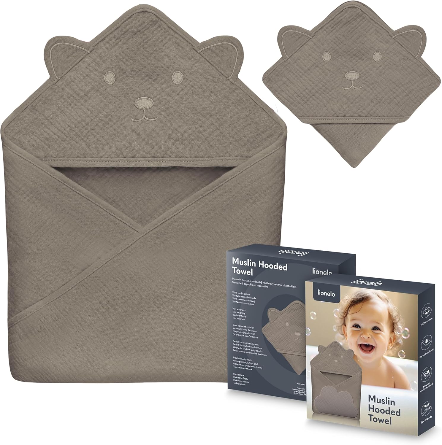 Lionelo Muslin Hooded Towel Beige Cappuccino Lionelo Yallatoys