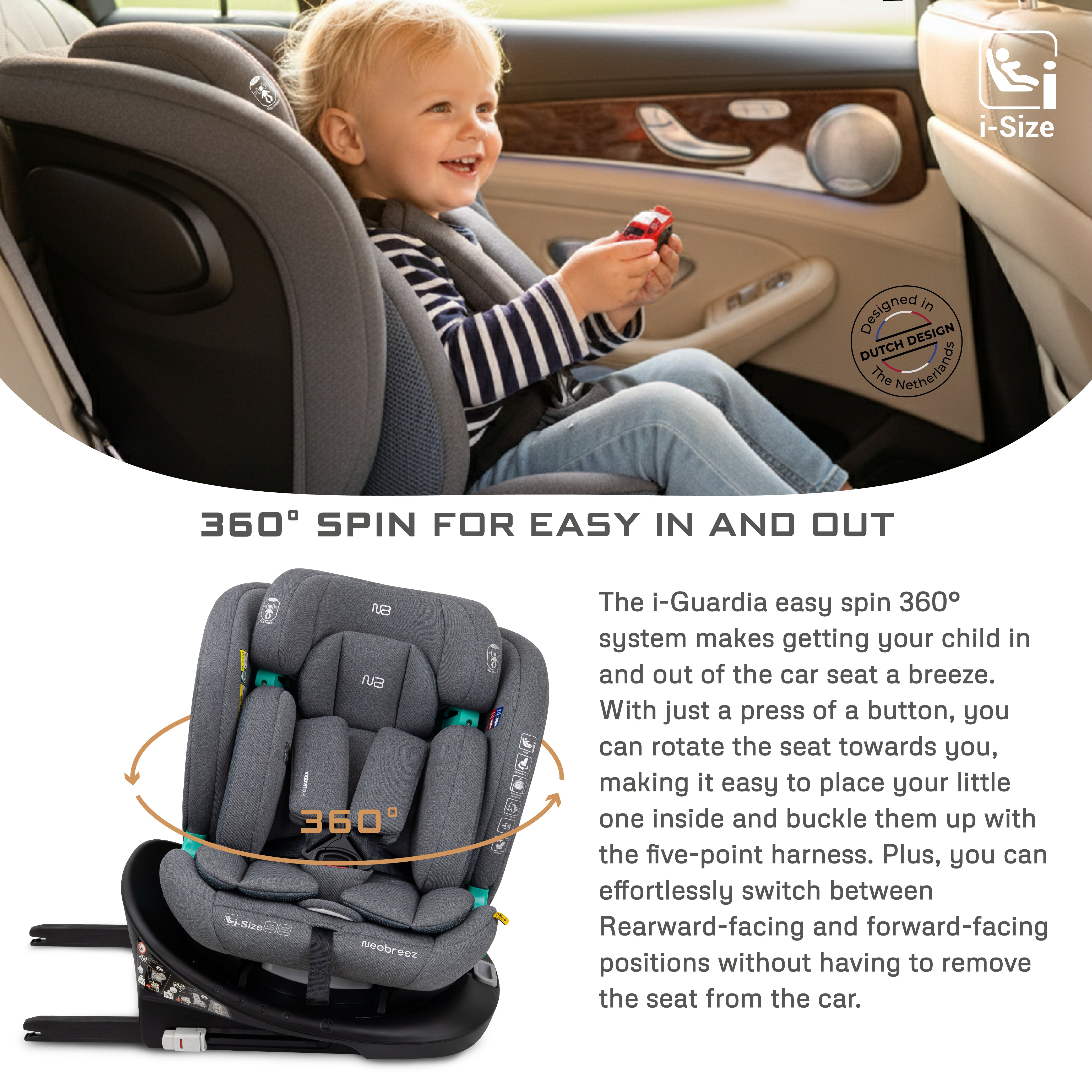 Neobreez I Guardia 360 Degree Isofix I Size Car Seat All In1 Grey