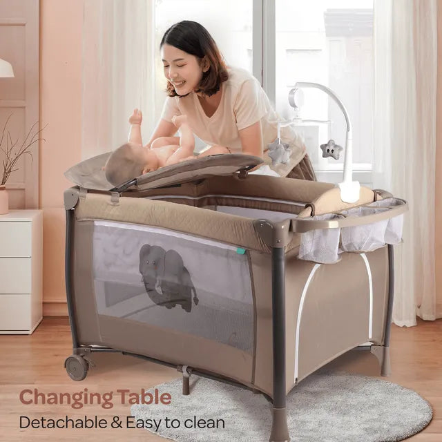 Moon Joypod Playpen With Changing Table & Wheels Beige Moon Yallatoys