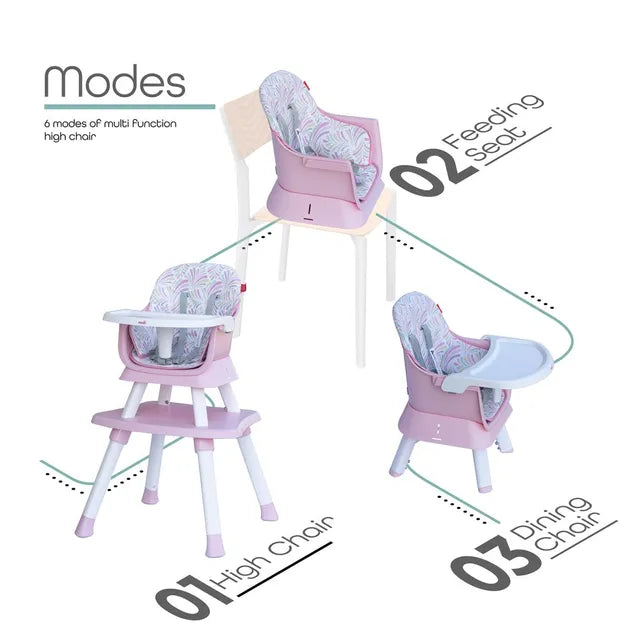 Moon 6 In 1 High Chair with Safety Harness & Belt Pink Moon Yallatoys