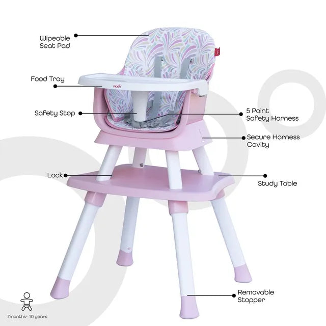 Moon 6 In 1 High Chair with Safety Harness & Belt Pink Moon Yallatoys