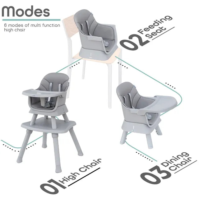 Moon 6 In 1 High Chair with Safety Harness & Belt Grey Moon Yallatoys
