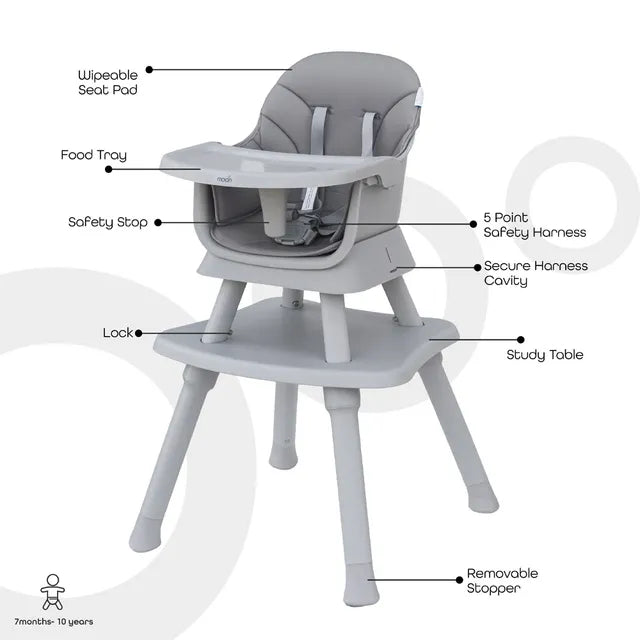 Moon 6 In 1 High Chair with Safety Harness & Belt Grey Moon Yallatoys