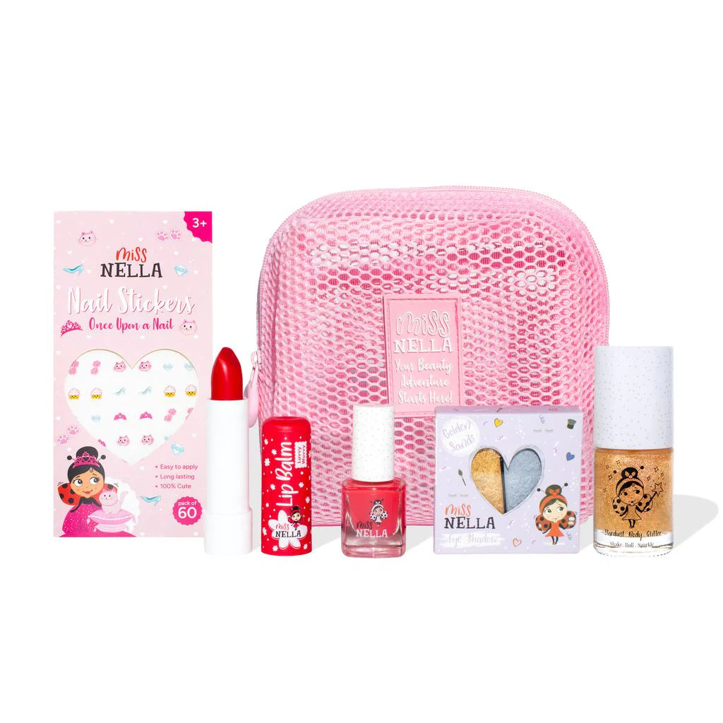 Miss Nella Goldy bold Mesh Bag Make Up Set