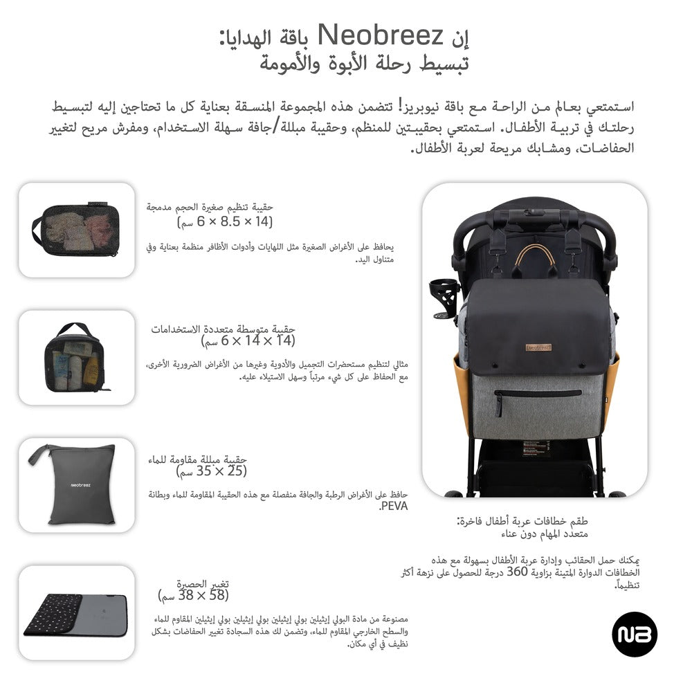 Neobreez Nixe Diaper Backpack 7Pcs Set With Changing Mat Wet Bag And Pouches Grey