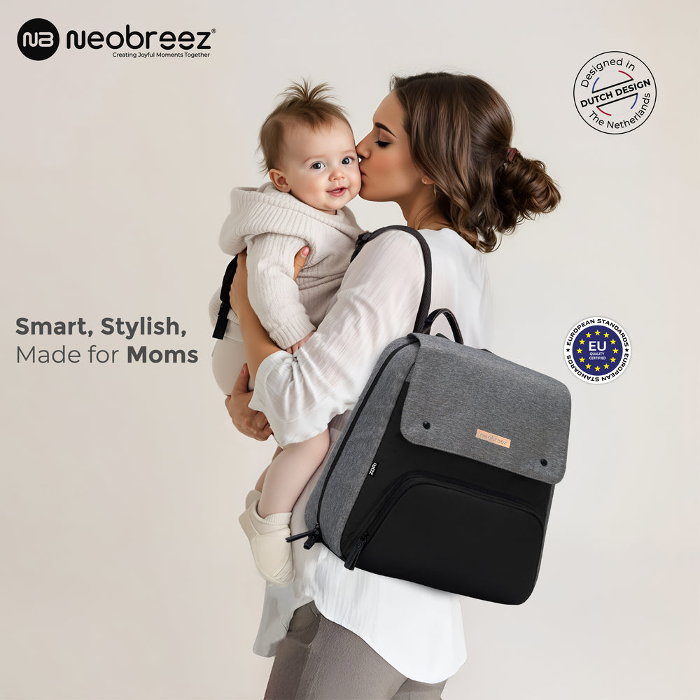 Neobreez Zori Diaper Backpack 7Pc Set With Changing Mat Wet Bag And Pouches Grey
