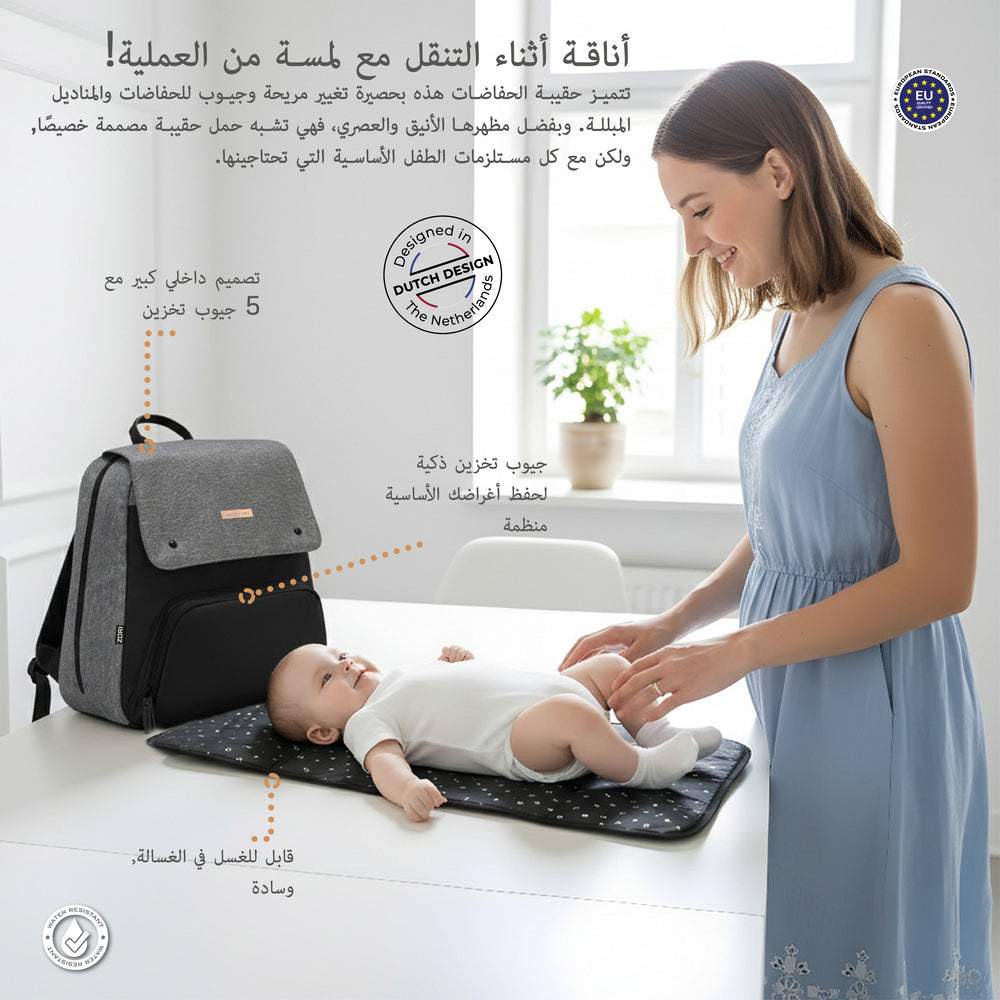 Neobreez Zori Diaper Backpack 7Pc Set With Changing Mat Wet Bag And Pouches Grey