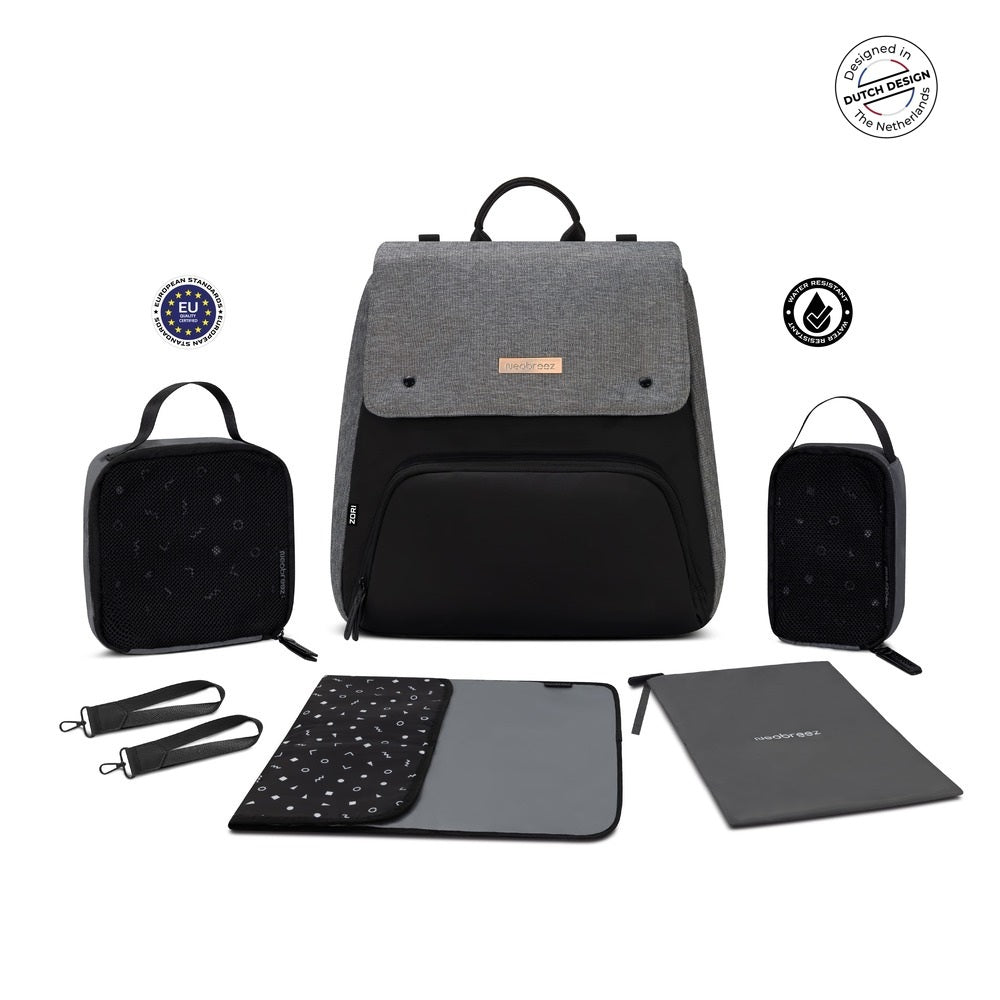 Neobreez Zori Diaper Backpack 7Pc Set With Changing Mat Wet Bag And Pouches Grey