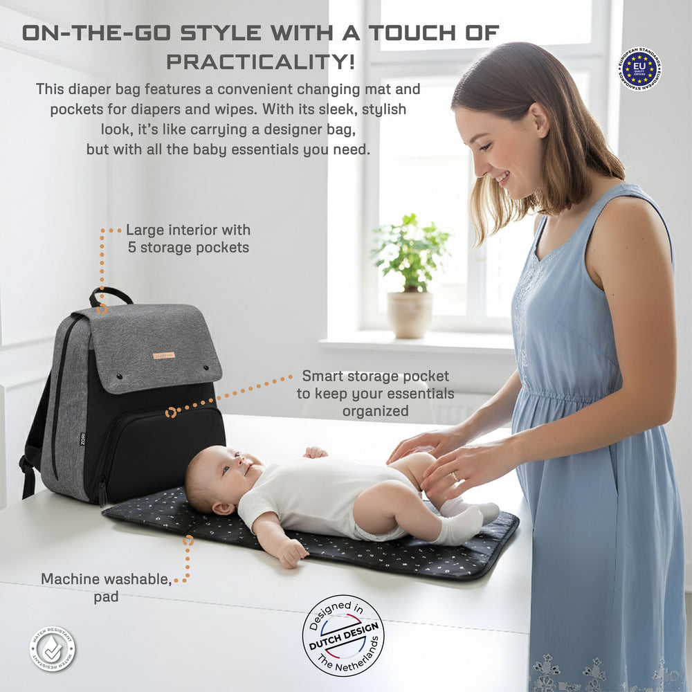 Neobreez Zori Diaper Backpack 7Pc Set With Changing Mat Wet Bag And Pouches Grey