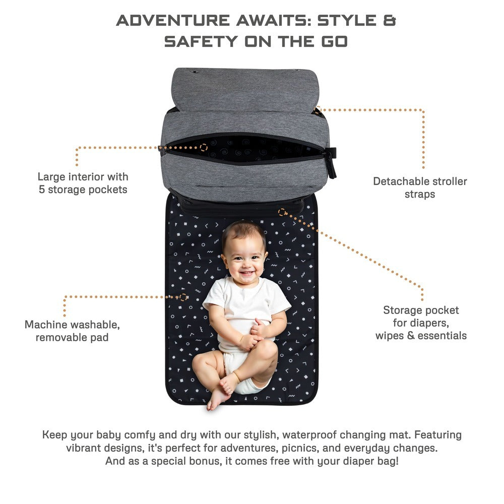 Neobreez Zori Diaper Backpack 7Pc Set With Changing Mat Wet Bag And Pouches Grey