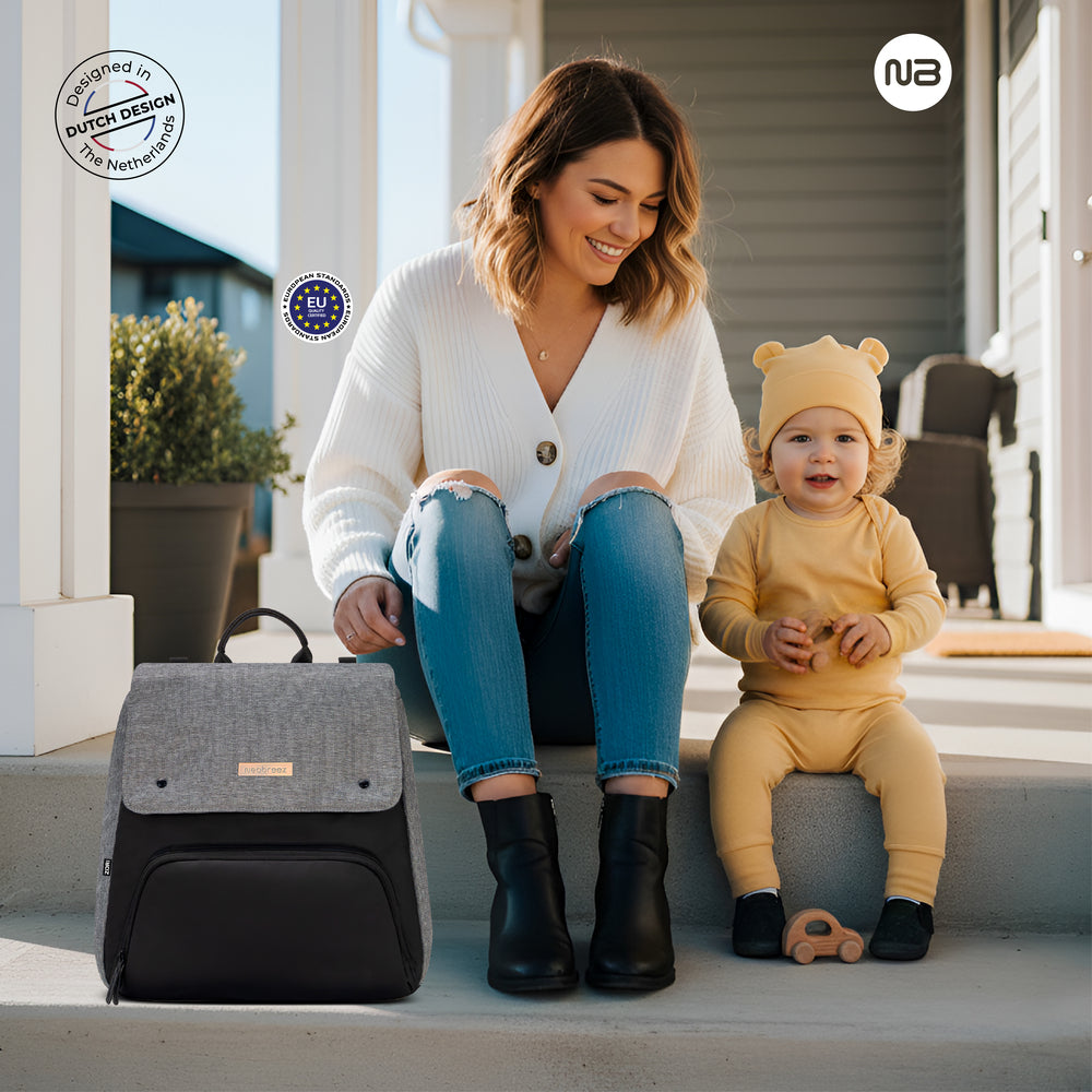 Neobreez Zori Diaper Backpack 7Pc Set With Changing Mat Wet Bag And Pouches Grey
