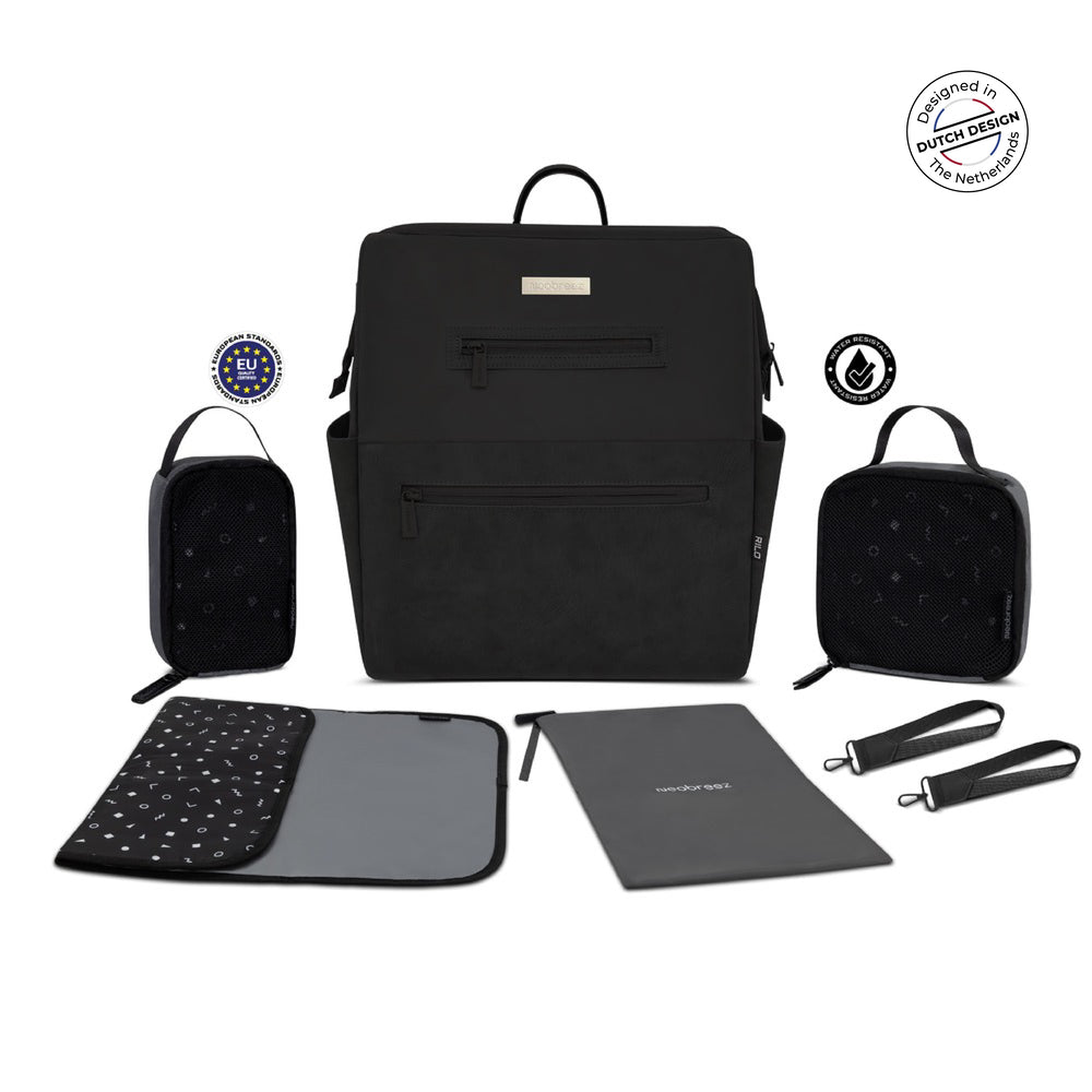 Neobreez Rilo Diaper Backpack 7Pc Set With Changing Mat Wet Bag Pouches Black