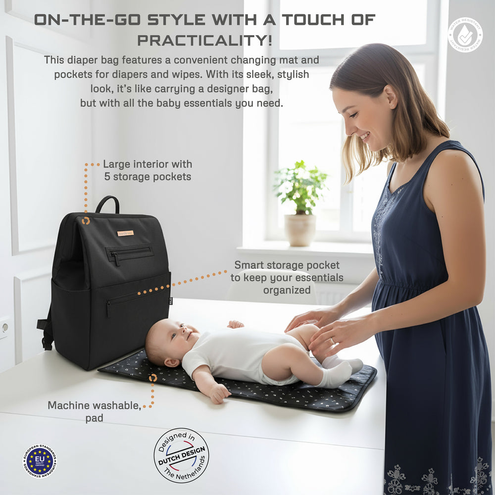 Neobreez Rilo Diaper Backpack 7Pc Set With Changing Mat Wet Bag Pouches Black