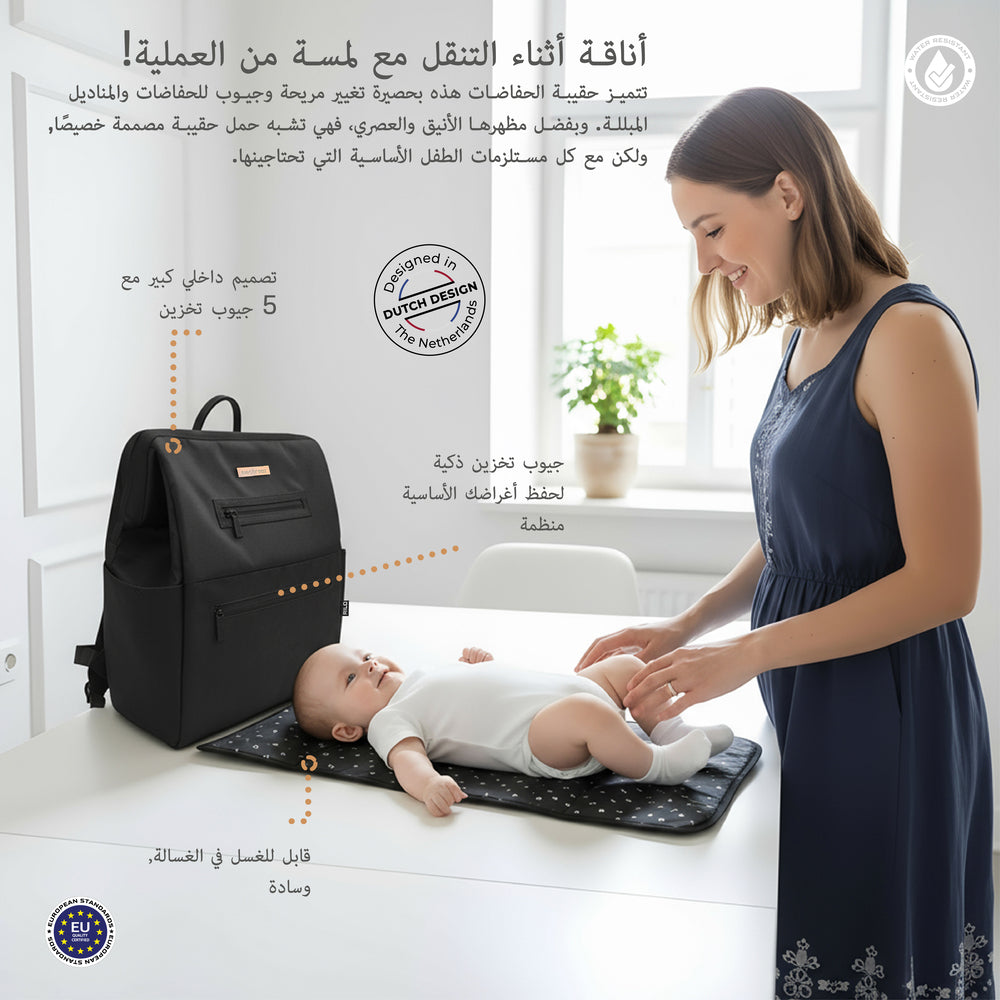 Neobreez Rilo Diaper Backpack 7Pc Set With Changing Mat Wet Bag Pouches Black