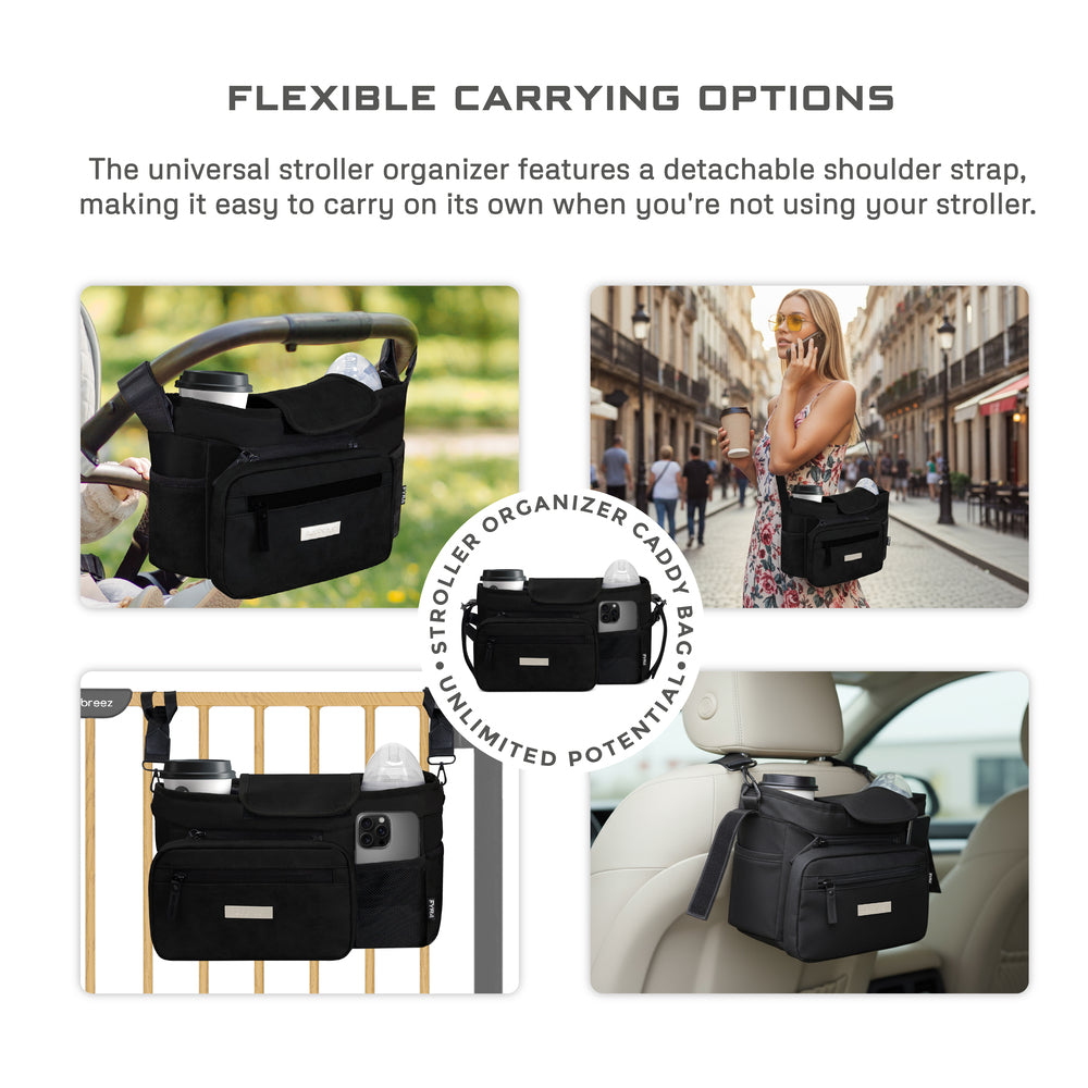 Neobreez Fyra Stroller Organizer Caddy With Insulated Cup Holder Black