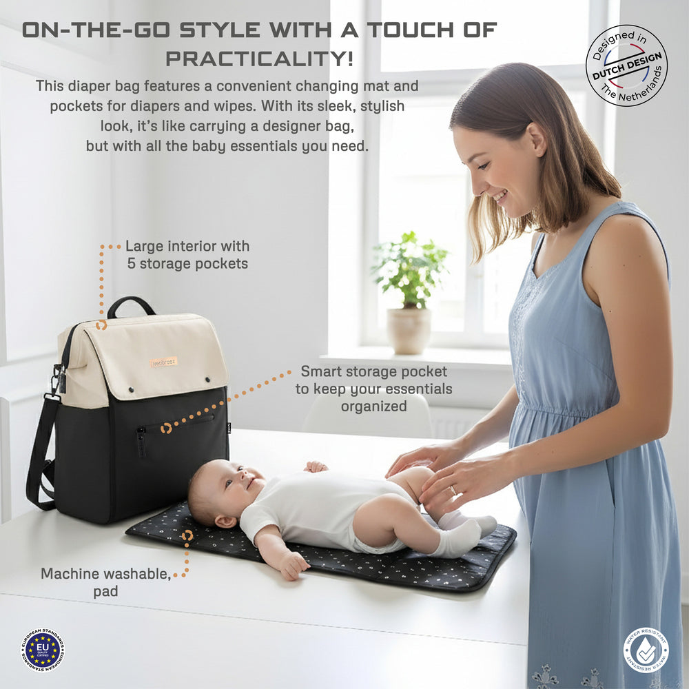 Neobreez Nixe Diaper Backpack 7Pcs Set With Changing Mat Wet Bag And Pouches Beige