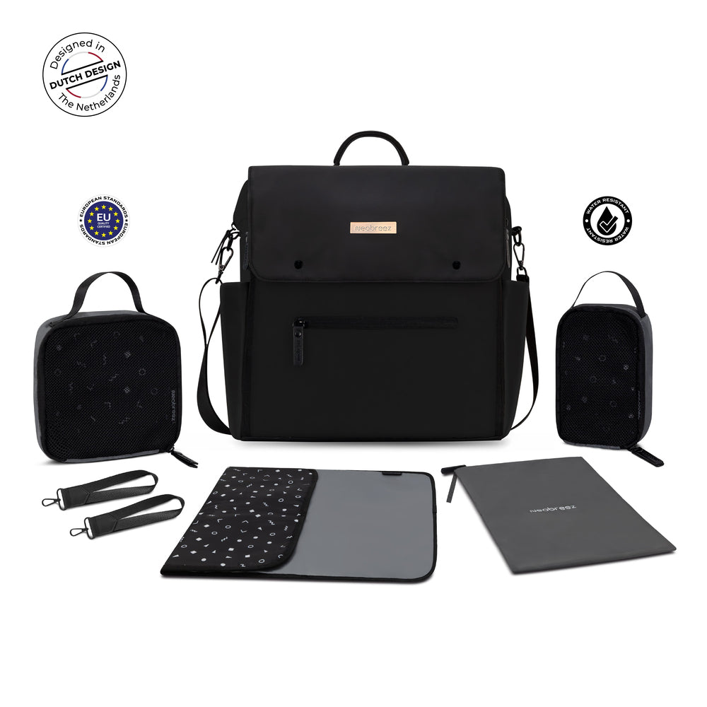 Neobreez Nixe Diaper Backpack 7Pcs Set With Changing Mat Wet Bag And Pouches Black
