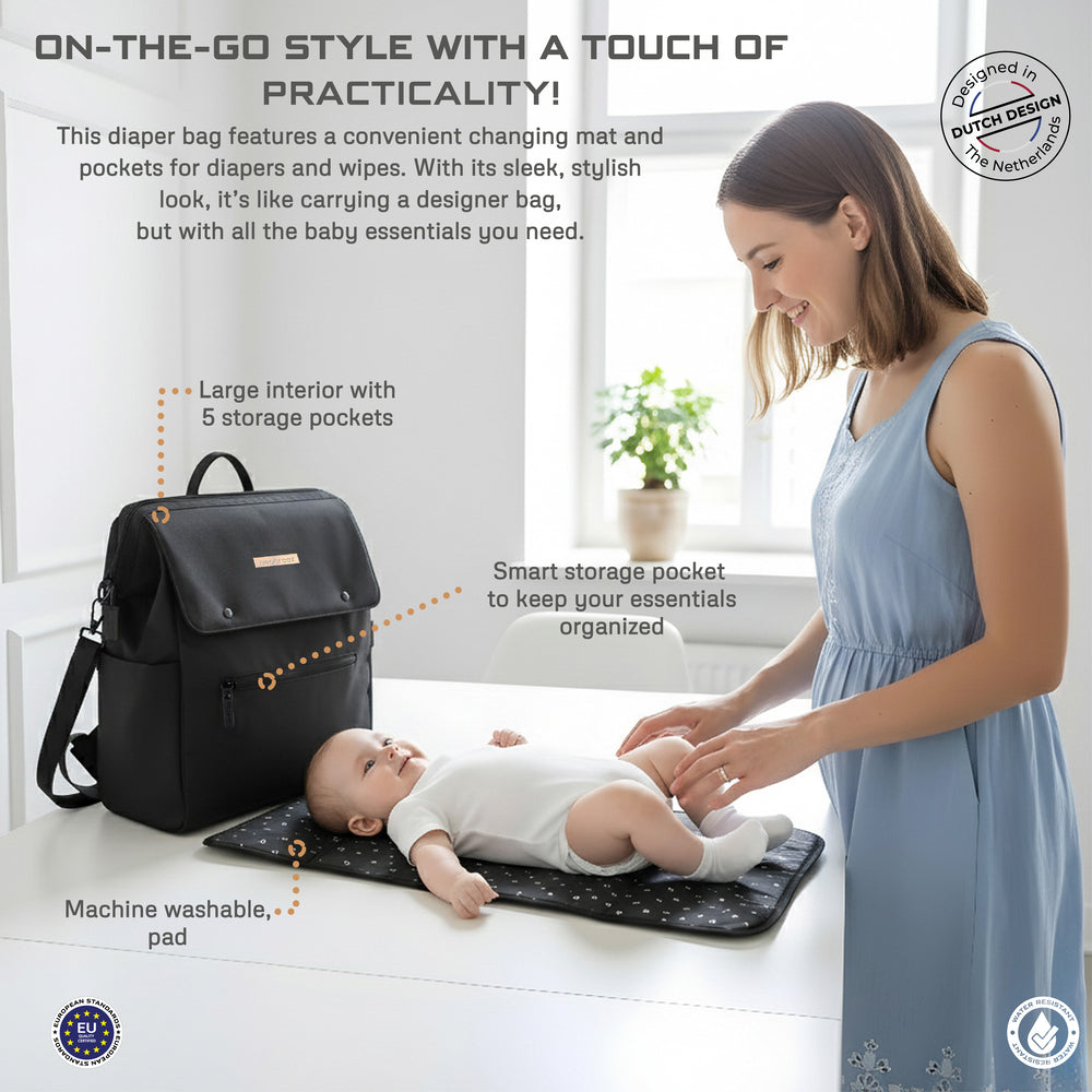 Neobreez Nixe Diaper Backpack 7Pcs Set With Changing Mat Wet Bag And Pouches Black