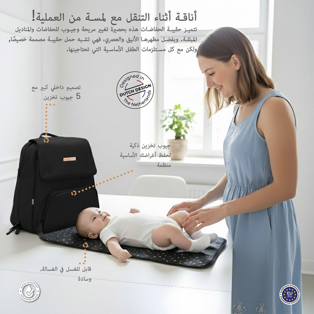 Neobreez Zori Diaper Backpack 7Pc Set With Changing Mat Wet Bag And Pouches Black