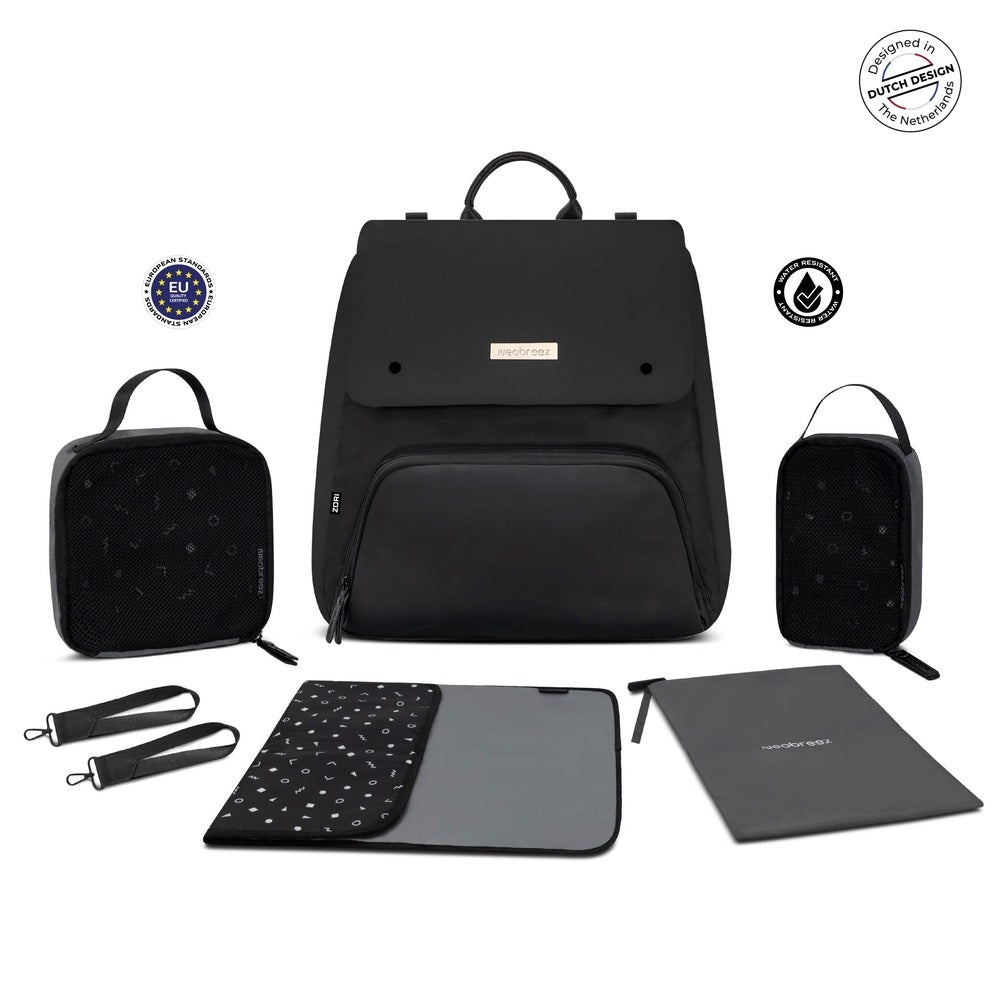 Neobreez Zori Diaper Backpack 7Pc Set With Changing Mat Wet Bag And Pouches Black