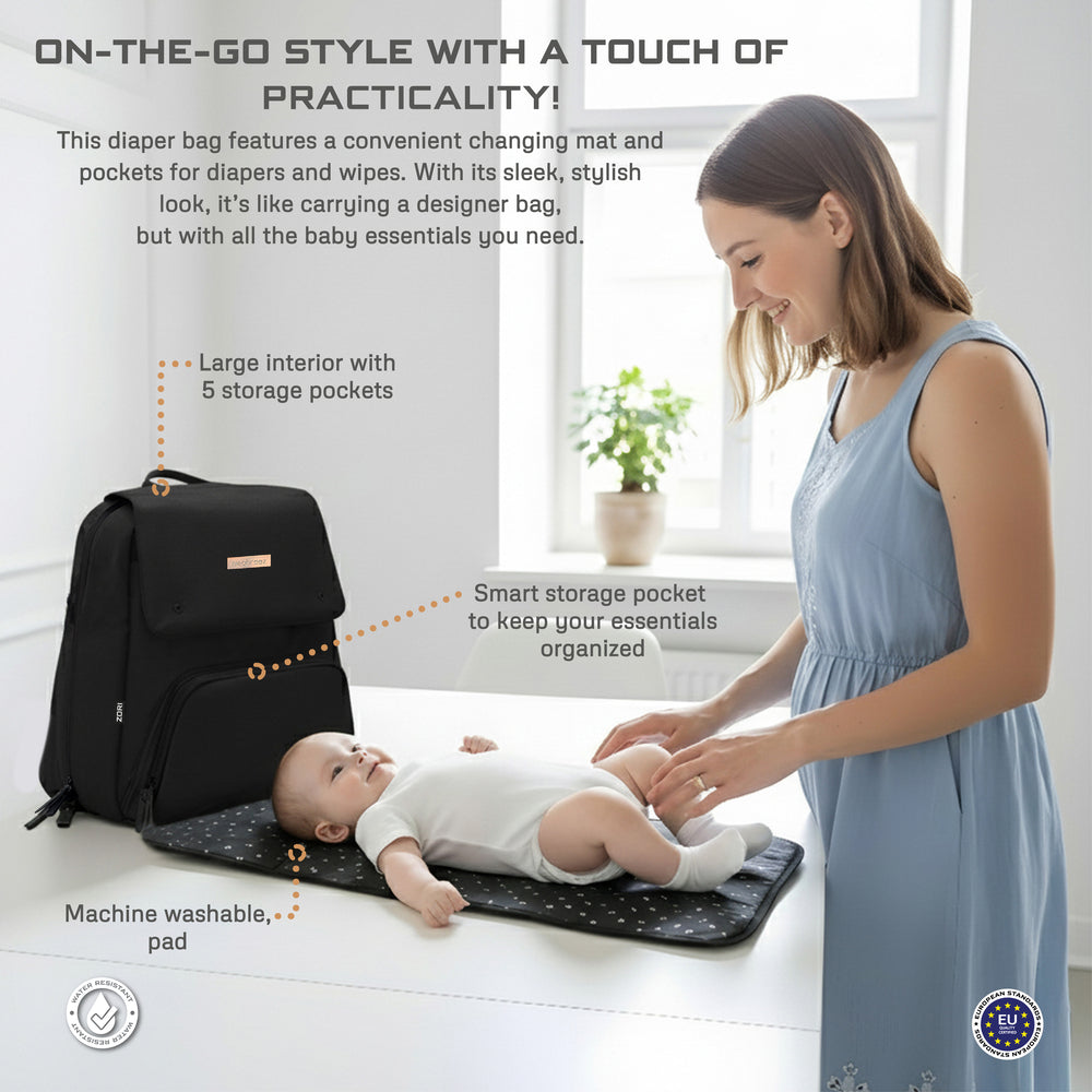 Neobreez Zori Diaper Backpack 7pc Set with Changing Mat Wet Bag and Pouches Black Neobreez Yallatoys