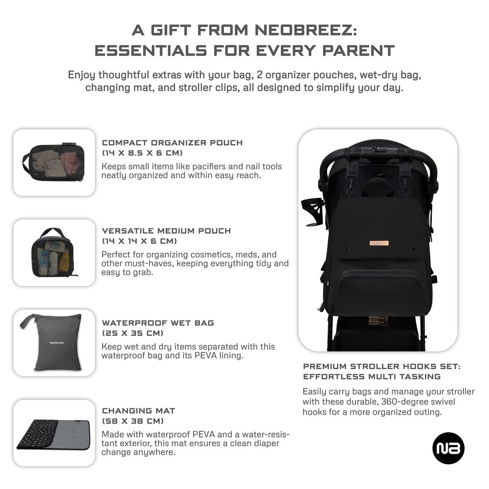 Neobreez Zori Diaper Backpack 7pc Set with Changing Mat Wet Bag and Pouches Black Neobreez Yallatoys