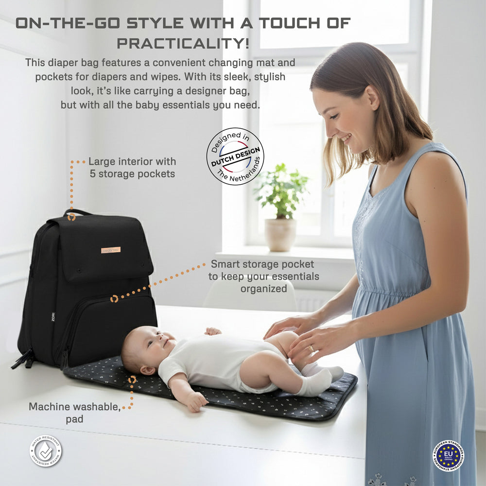 Neobreez Zori Diaper Backpack 7Pc Set With Changing Mat Wet Bag And Pouches Black