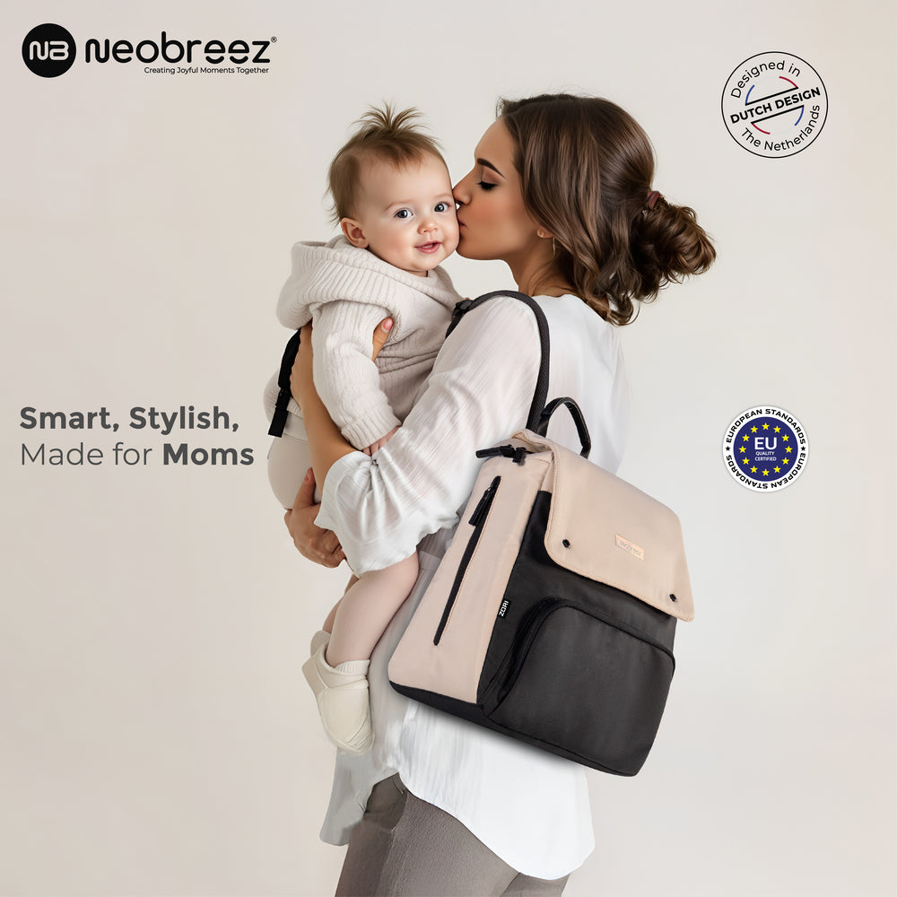Neobreez Zori Diaper Backpack 7Pc Set With Changing Mat Wet Bag And Pouches Sand