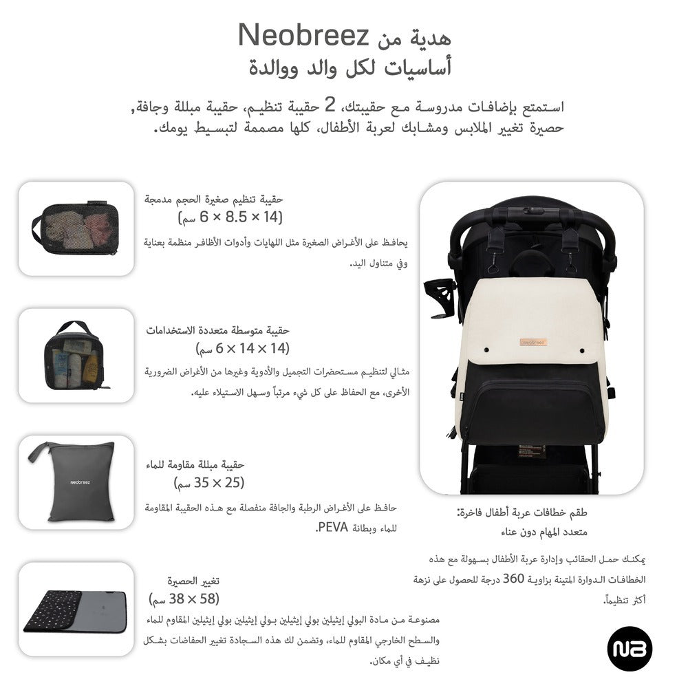 Neobreez Zori Diaper Backpack 7Pc Set With Changing Mat Wet Bag And Pouches Sand