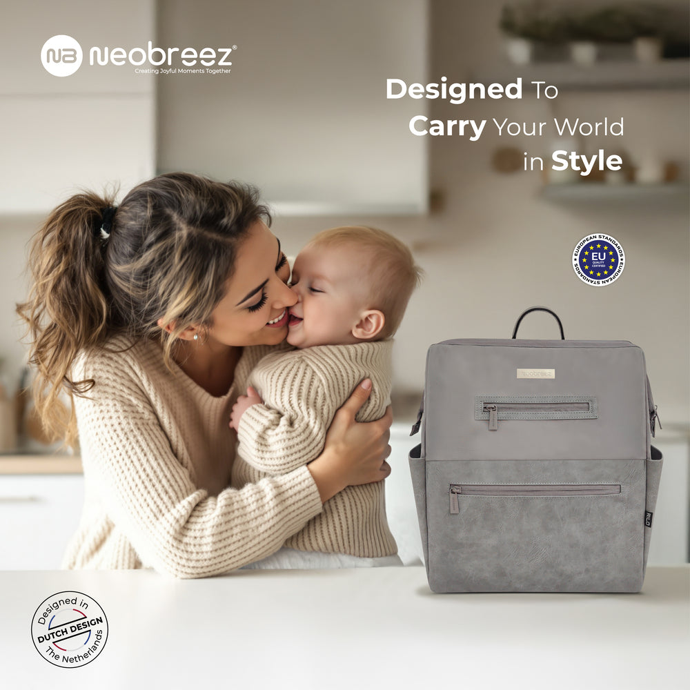 Neobreez Rilo Diaper Backpack 7Pc Set With Changing Mat Wet Bag Pouches Stone Grey