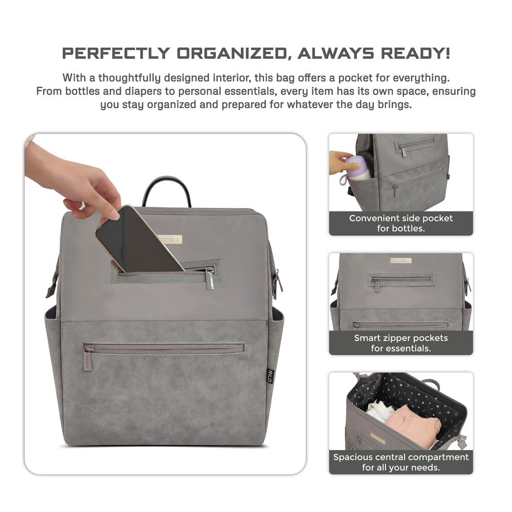 Neobreez Rilo Diaper Backpack 7Pc Set With Changing Mat Wet Bag Pouches Stone Grey