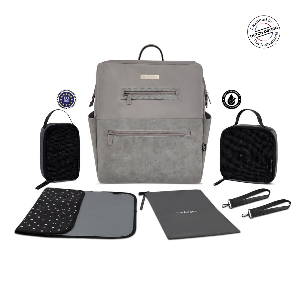 Neobreez Rilo Diaper Backpack 7Pc Set With Changing Mat Wet Bag Pouches Stone Grey