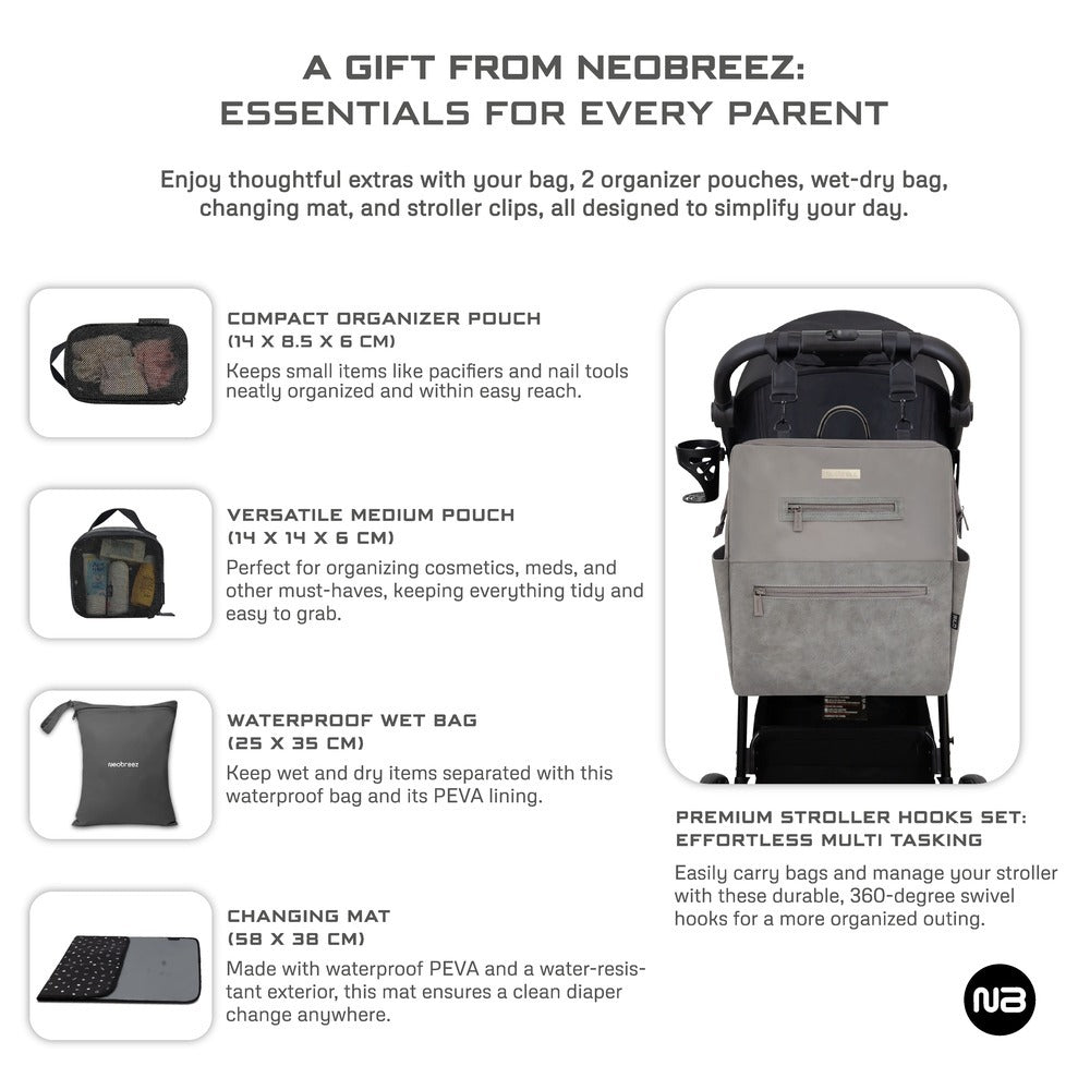 Neobreez Rilo Diaper Backpack 7Pc Set With Changing Mat Wet Bag Pouches Stone Grey