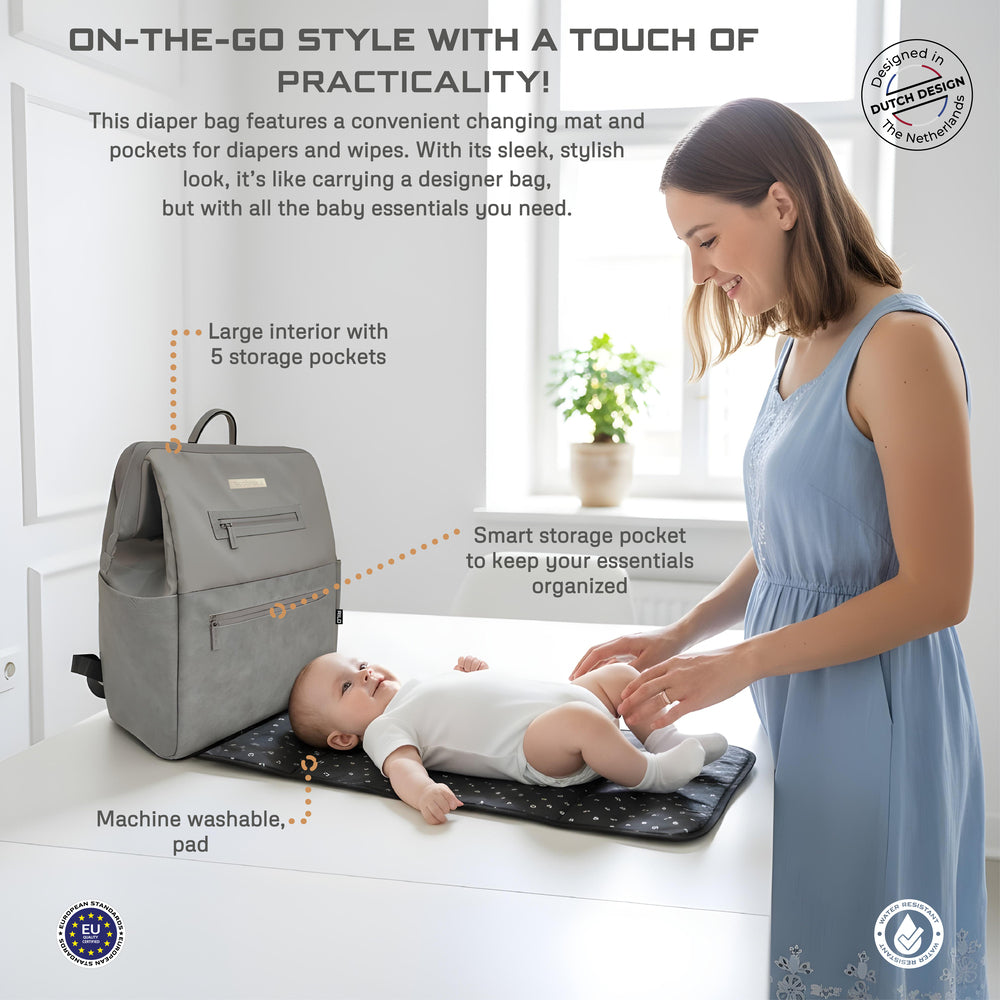 Neobreez Rilo Diaper Backpack 7Pc Set With Changing Mat Wet Bag Pouches Stone Grey