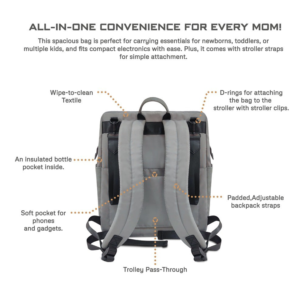 Neobreez Rilo Diaper Backpack 7Pc Set With Changing Mat Wet Bag Pouches Stone Grey
