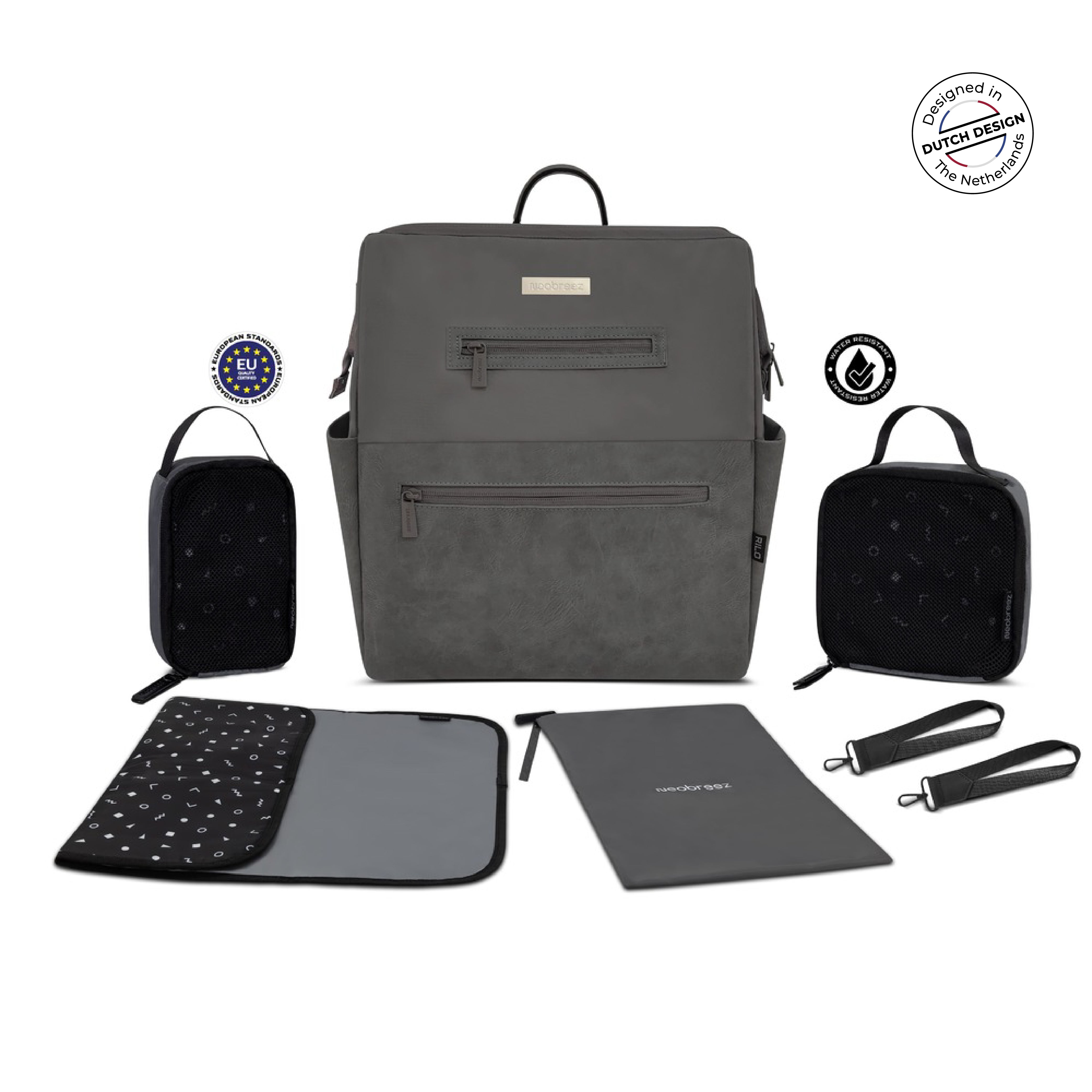 Neobreez Rilo Diaper Backpack 7Pc Set With Changing Mat Wet Bag Pouches Dark Grey