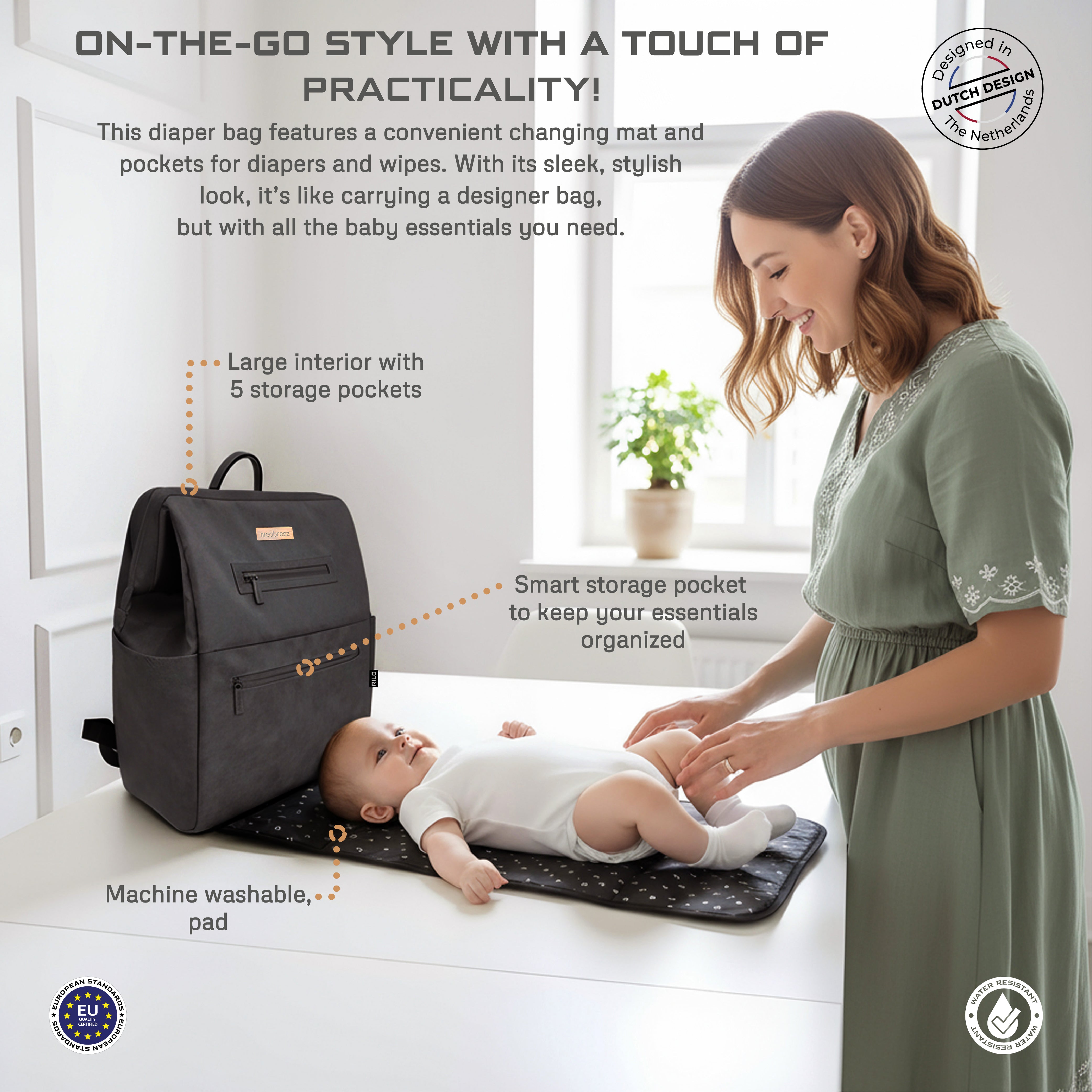 Neobreez Rilo Diaper Backpack 7Pc Set With Changing Mat Wet Bag Pouches Dark Grey