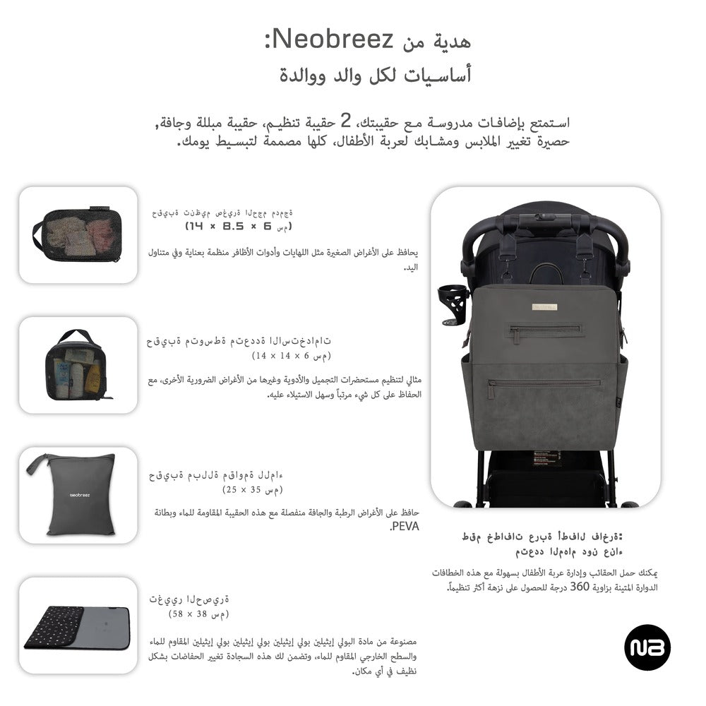 Neobreez Rilo Diaper Backpack 7Pc Set With Changing Mat Wet Bag Pouches Dark Grey