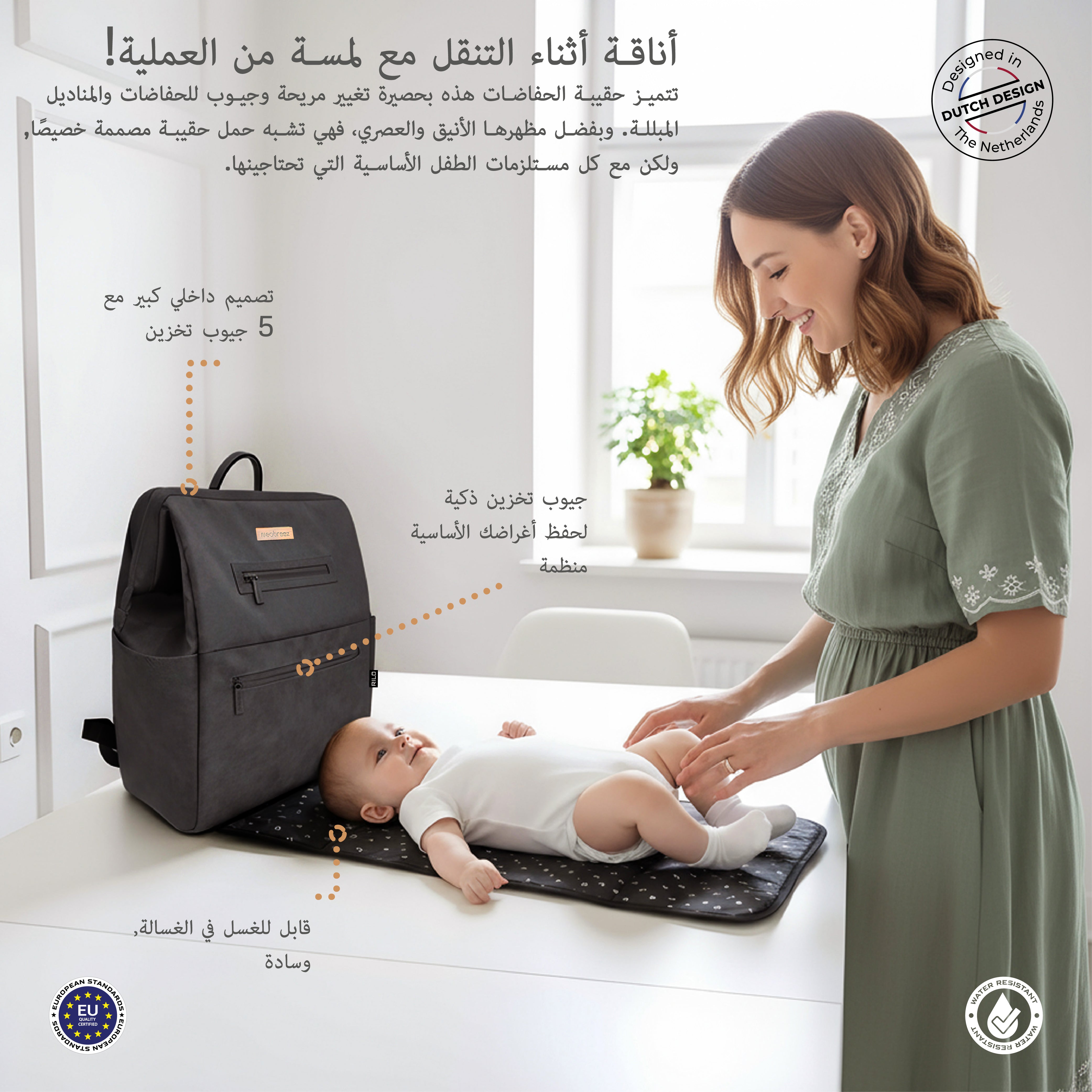 Neobreez Rilo Diaper Backpack 7Pc Set With Changing Mat Wet Bag Pouches Dark Grey