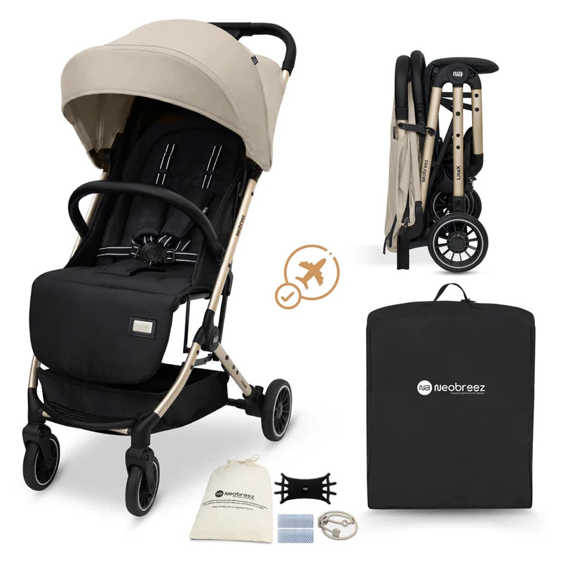 Neobreez Litex Compact Cabin Stroller Beige Black with Gold Frame