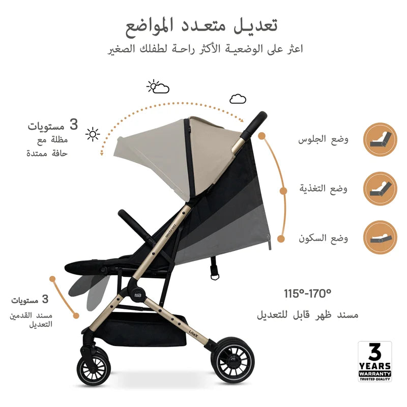 Neobreez Litex Compact Cabin Stroller Beige Black with Gold Frame