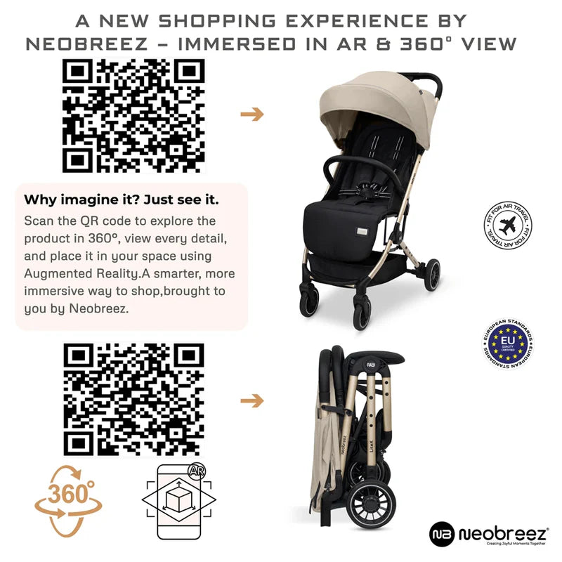 Neobreez Litex Compact Cabin Stroller Beige Black with Gold Frame
