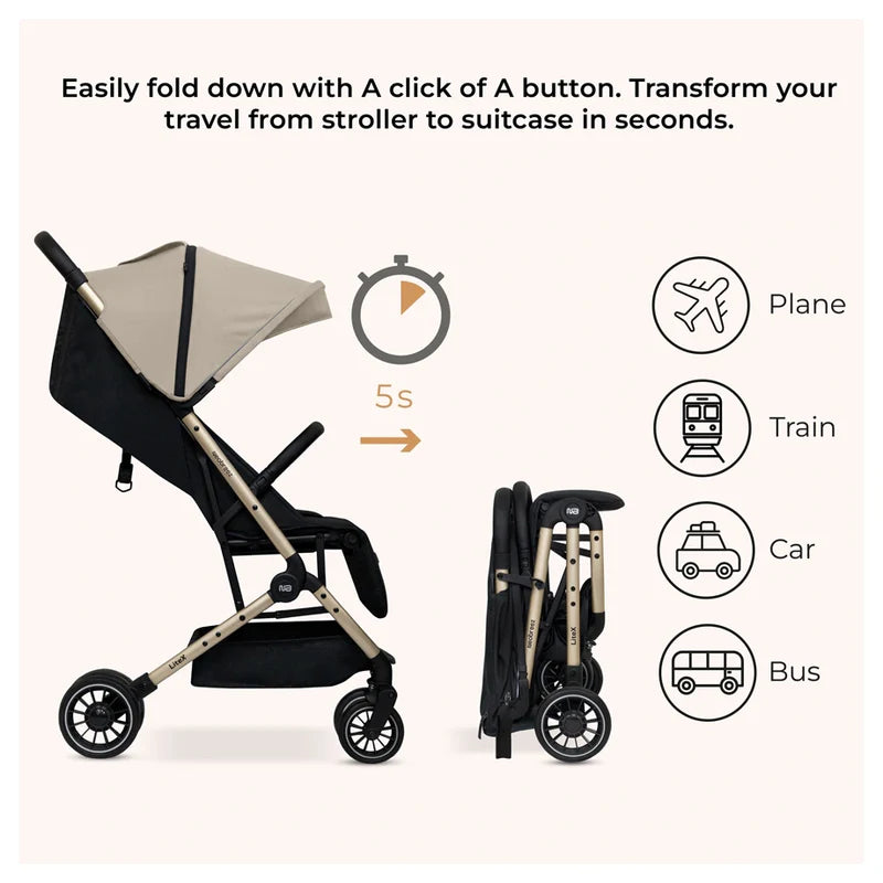 Neobreez Litex Compact Cabin Stroller Beige Black with Gold Frame