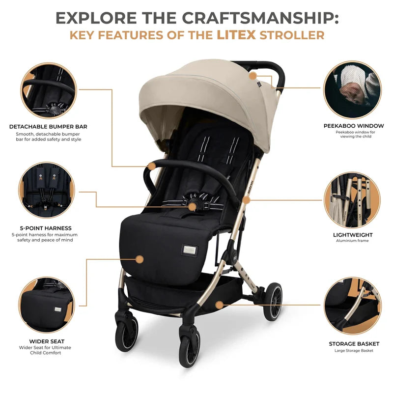 Neobreez Litex Compact Cabin Stroller Beige Black with Gold Frame