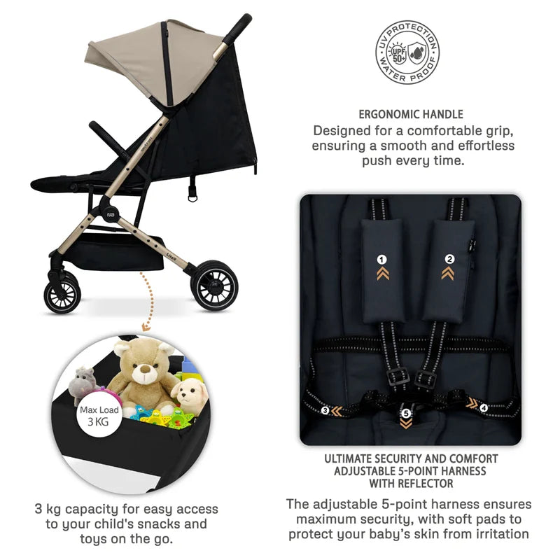 Neobreez Litex Compact Cabin Stroller Beige Black with Gold Frame