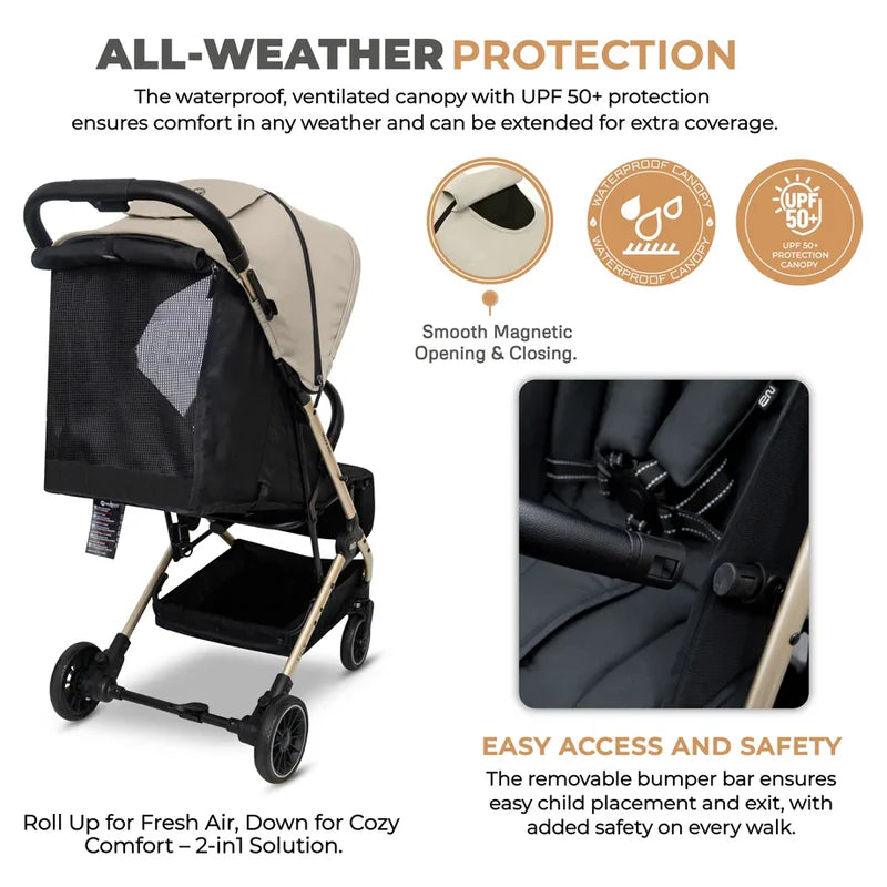 Neobreez Litex Compact Cabin Stroller Beige Black with Gold Frame